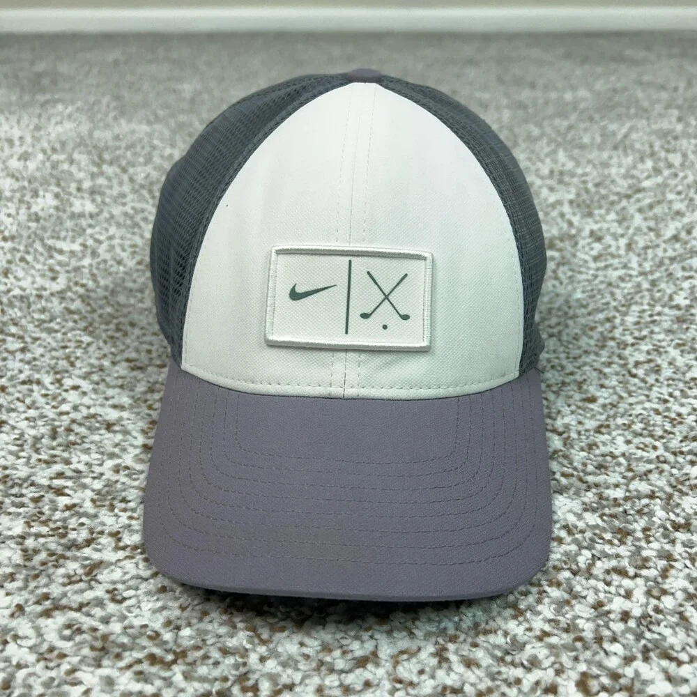 Nike Golf Hat Cap Fitted Mens Medium Large‎ White Gray Purple Mesh Trucker Patch
